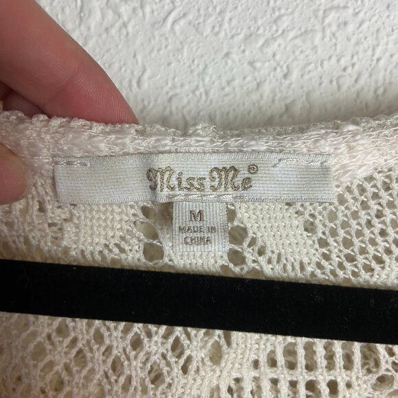 Miss Me Size Medium Stripe Knit Hooded Sweater Crochet Fringe Boho Gauze Cream - Picture 3 of 9